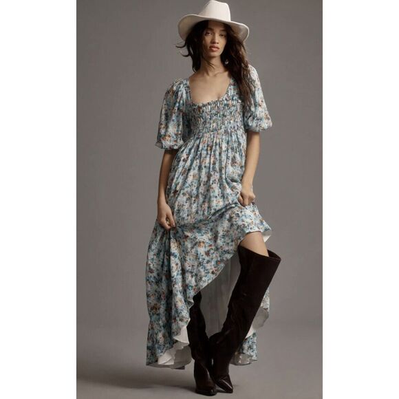 By Anthropologie Short-Sleeve Smocked Babydoll Midi Dress Size XL B32 - Picture 4 of 11